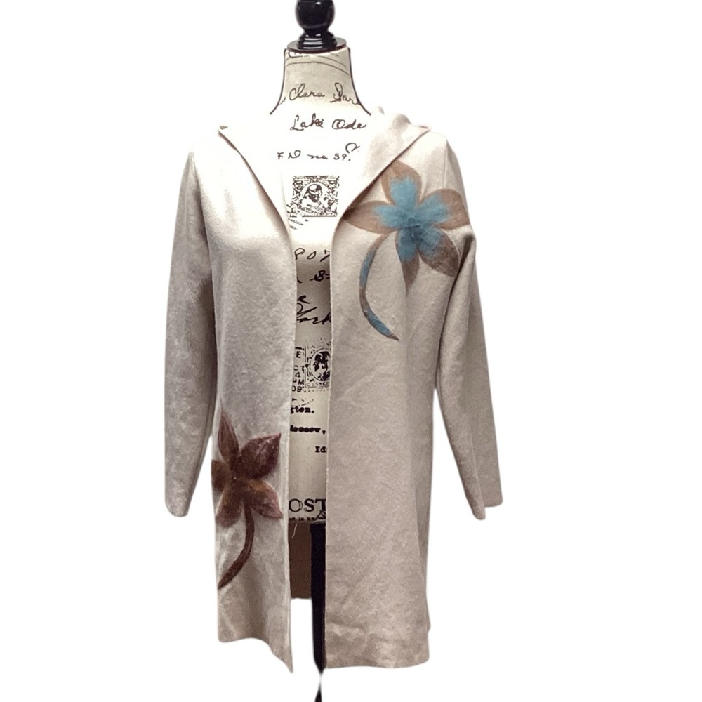 Sioni Intarsia knit long open hooded duster Size Medium Oatmeal.